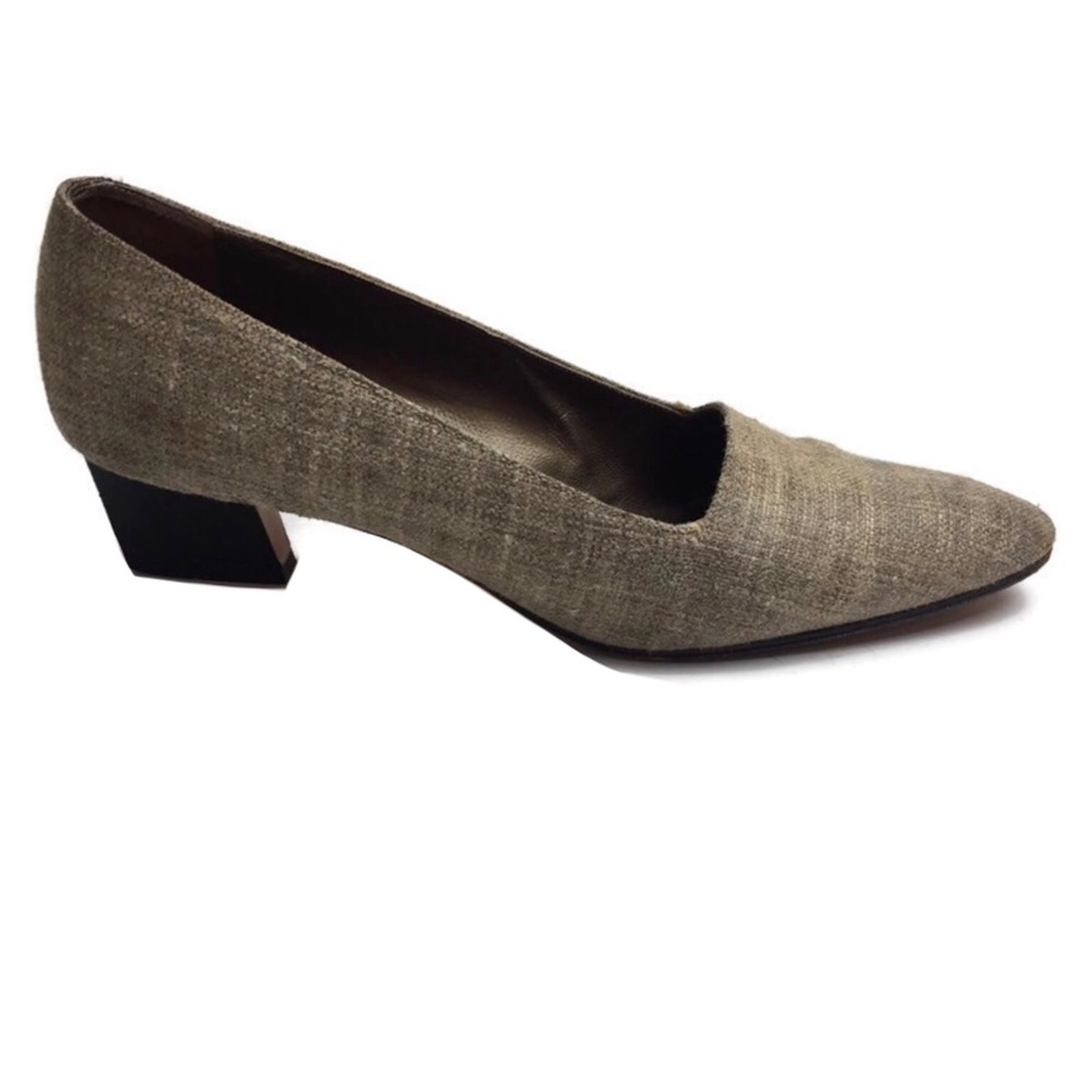 Vintage YSL Natural Linen Almond Toe Narrow Block Heels Size 7.5